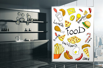 Kitchen interior with food sketch
