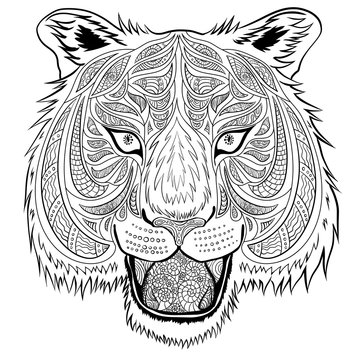 Tiger head hand-drawn doodle style. It can be used for adult coloring book.