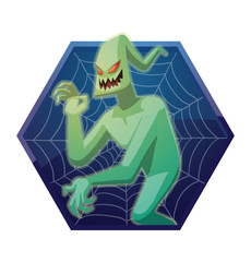 Vector dark blue hexagonal frame with spider web and with cartoon image of funny light green ghost with red eyes flying and waving his hand on a white background. Halloween. Spirit, fear, terror.