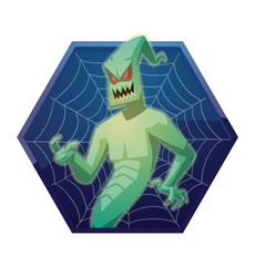 Vector dark blue hexagonal frame with spider web and with cartoon image of funny light green ghost with red eyes beckoning someone by a finger on a white background. Halloween. Spirit, fear, terror.
