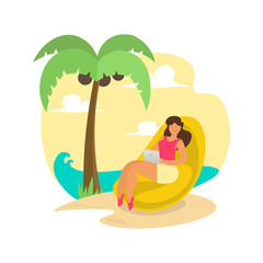 Obraz na płótnie Canvas Freelance Woman on Beach. Vector