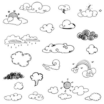 cloud doodle collection of hand drawn vector in black line on a white background