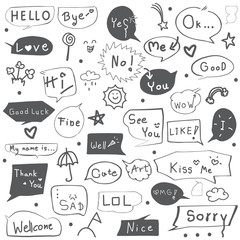 set of speech bubble doodle drawn with text in black outline vector