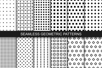 Collection of geometric seamless patterns with squares.