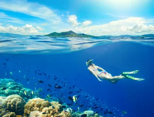 Foto auf Acrylglas Tauchen Frau schwimmt um ein Korallenriff, umgeben von einer Vielzahl von Fischen auf den Hintergrundinseln... Nord-Sulawesi, Indonesien.