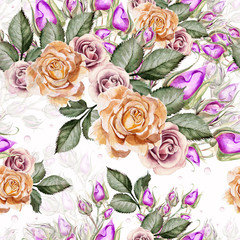 Watercolor pattern with rose flowers and buds . Illustration