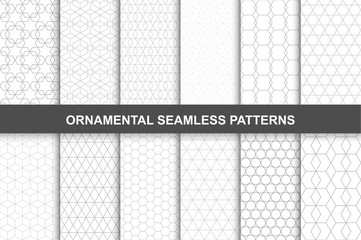 Collection of ornamental geometric seamless patterns in vintage style.