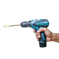 Hand holding cordless drill or cordless screwdriver isolated on white 