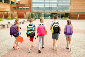 group of happy elementary school students walking