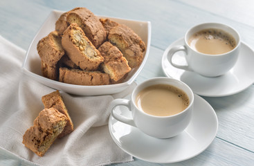 Two cups of coffee with cantuccini