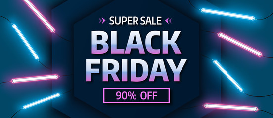 Black friday sale banner. Glowing neon background. Vector illustration