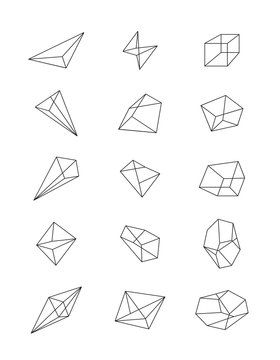 Set of geometric shapes in perspective. Line design, vector isolated. Trendy hipster logo, gems, stones, icons. Line design elements. Line figure in 3d. Linear symbol. Collection of simple line art.