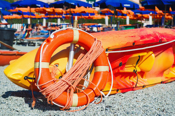 Bright colors at Monterosso al Mare beach, Cinque Terre, Liguria, Italian Riviera