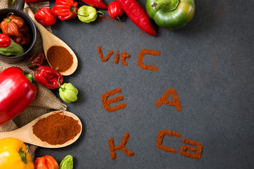 Obraz na płótnie Canvas Concept of the health properties of peppers. inscriptions on stone countertop has been made with paprika powder