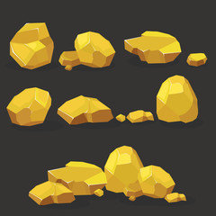 Gold rock,nugget set. Stones single or piled for damage and rubble for game art architecture design