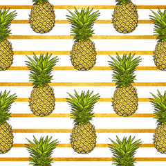 pineapple tropical vector seamless pattern and gold stripes. textile print fashion seamless illustration . print in the style retro of 80's. - 121929667