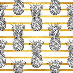 Ananas tropischer Vektor nahtloses Muster und goldene Streifen. Textildruck Mode nahtlose Illustration. Druck im Retro-Stil der 80er Jahre.