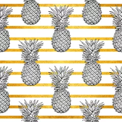 Lichtdoorlatende gordijnen Ananas ananas tropische vector naadloze patroon en gouden strepen. textiel print mode naadloze afbeelding. print in de stijl retro van de jaren 80.