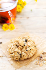 home made Oatmeal cookies on wooden table.
