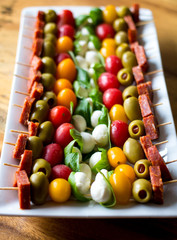 antipasto skewers on a white plate 