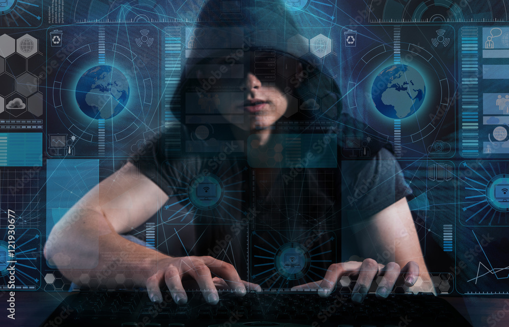 Poster young hacker in data security concept