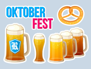 Beer festival banner with beer glass and pretzel for oktoberfest. Vector illustration