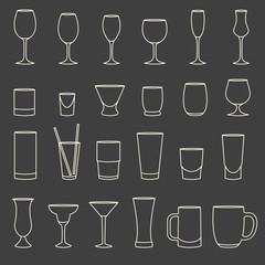 Set of linear drinkware on grey background