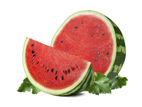 Round watermelon piece and leaves isolated on white background
