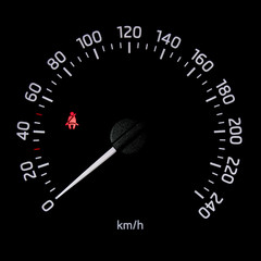 Speedometer dial with needle showing zero speed and seat belt icon isolated on black background