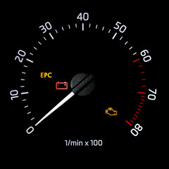 Tachometer dial with needle showing zero rpm with diagnostic icons isolated on black background