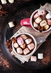 Hot chocolate with marshmallows and spices on grunge dark table