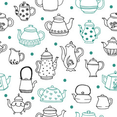 Doodle seamless pattern with different teapots objects. Line art repeated background.