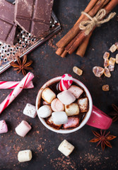 Hot chocolate with marshmallows and spices on grunge dark table