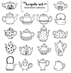 Hand-drawn teapots doodle collection. Line art set of the dishes illustrations.