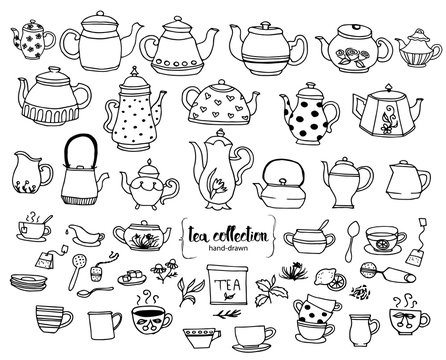 Hand-drawn tea doodle collection. Vector doodle set with teapots, glass, decoration, cup, sugar, lemon and tea