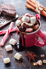 Hot chocolate with marshmallows and spices on grunge dark table