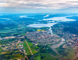 View of Lillestrom town from an airplane on the approach to Gardermoen Airport
