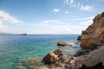 The ship ocean and rocks, Blue cruise, Turkey, Bodruk Ortaken city, 2016 holiday