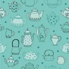 Doodle seamless pattern with different teapots objects. Line art repeated colorful background.