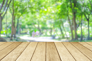 Perspective wood over blur trees with bokeh background