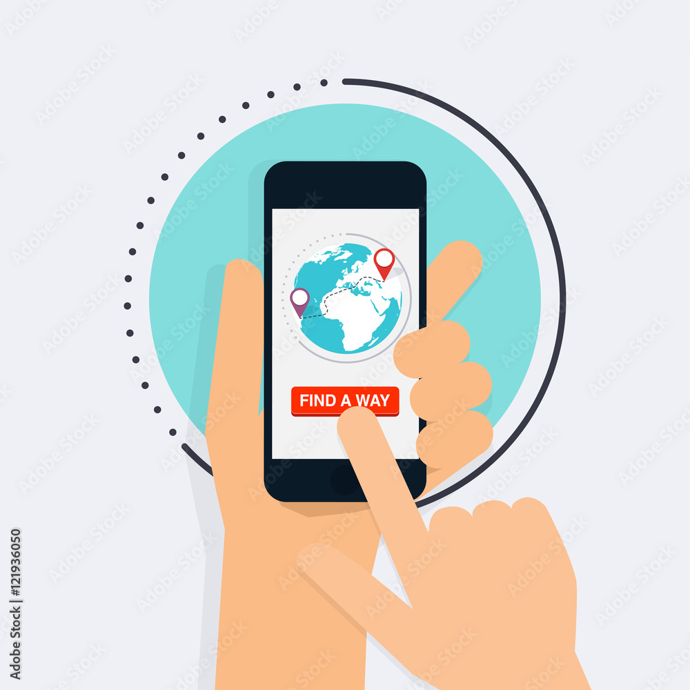 Poster hand holding mobile smart phone with find a way app. map on smar