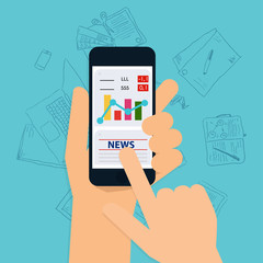 Hand holding mobile smart phone with business application. Flat