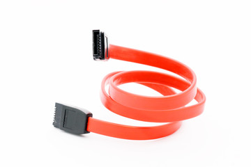 Red SATA cable isolated on a white background