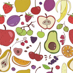 Doodle seamless colorful pattern with different fruits on the white background: banana, apple, strawberry, apricot, pear, berries, lemon, etc. Line art illustrations.