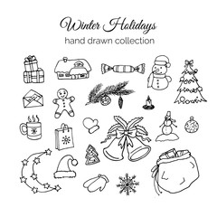 Hand Drawn Christmas Elements Set. Winter Holidays
