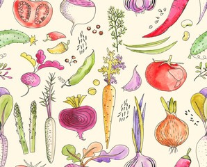 Hand-drawn seamless watercolor colorful pattern with different vegetables: tomato, onion, beet, cucumber etc. Harvest repeated background. Line art