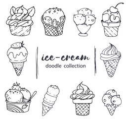 Hand-drawn ice-cream doodle collection. Line art set of the sweet dessert illustrations.