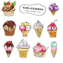 Hand-drawn ink and watercolor ice-cream doodle collection. Line art set of the sweet dessert illustrations.