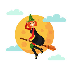 Flat design vector illustration of beautiful smiling witch flying on the broom in front of a full yellow moon. Including night sky, clouds, hat, boots, stockings. Halloween gift card or banner.