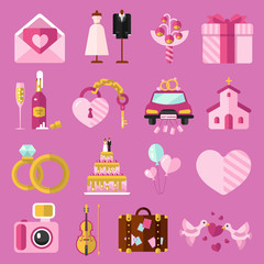 Flat design vector icons set of wedding or marriage. Invitation, bridal bouquet, rings, champagne, bride, groom, cake, gift box, lock and key, birds, car, music, church, heart, camera, baggage.